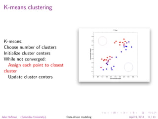 K-means clustering




 K-means:
 Choose number of clusters
 Initialize cluster centers
 While not converged:
   Assign each point to closest
 cluster
   Update cluster centers




Jake Hofman   (Columbia University)   Data-driven modeling   April 9, 2012   4 / 11
 