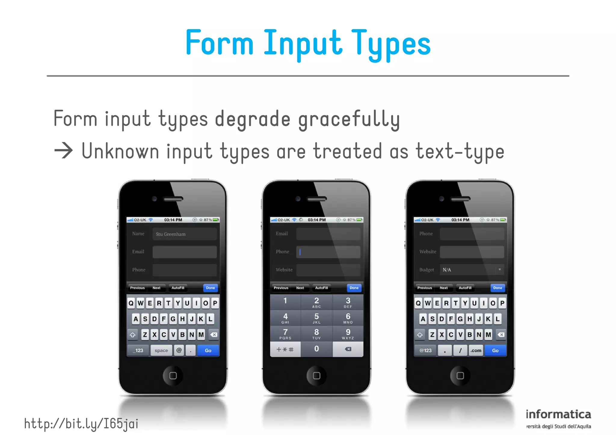 Form Input Types

     Form input types degrade gracefully
        Unknown input types are treated as text-type




http://bit.ly/I65jai
 