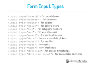 Form Input Types
<input   type="search"> for search boxes
<input   type="number"> for spinboxes
<input   type="range"> for sliders
<input   type="color"> for color pickers
<input   type="tel"> for telephone numbers
<input   type="url"> for web addresses
<input   type="email"> for email addresses
<input   type="date"> for calendar date pickers
<input   type="month"> for months
<input   type="week"> for weeks
<input   type="time"> for timestamps
<input   type="datetime"> for precise timestamps
<input   type="datetime-local"> for local dates and times
 