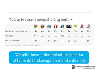 Mobile browsers compatibility matrix




   We will have a dedicated lecture to
  offline data storage on mobile devices
 