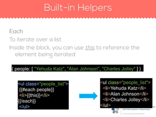 <ul class="people_list">
{{#each people}}
<li>{{this}}</li>
{{/each}}
</ul>
{ people: [ "Yehuda Katz", "Alan Johnson", "Charles Jolley" ] }
<ul class="people_list">
<li>Yehuda Katz</li>
<li>Alan Johnson</li>
<li>Charles Jolley</li>
</ul>
 