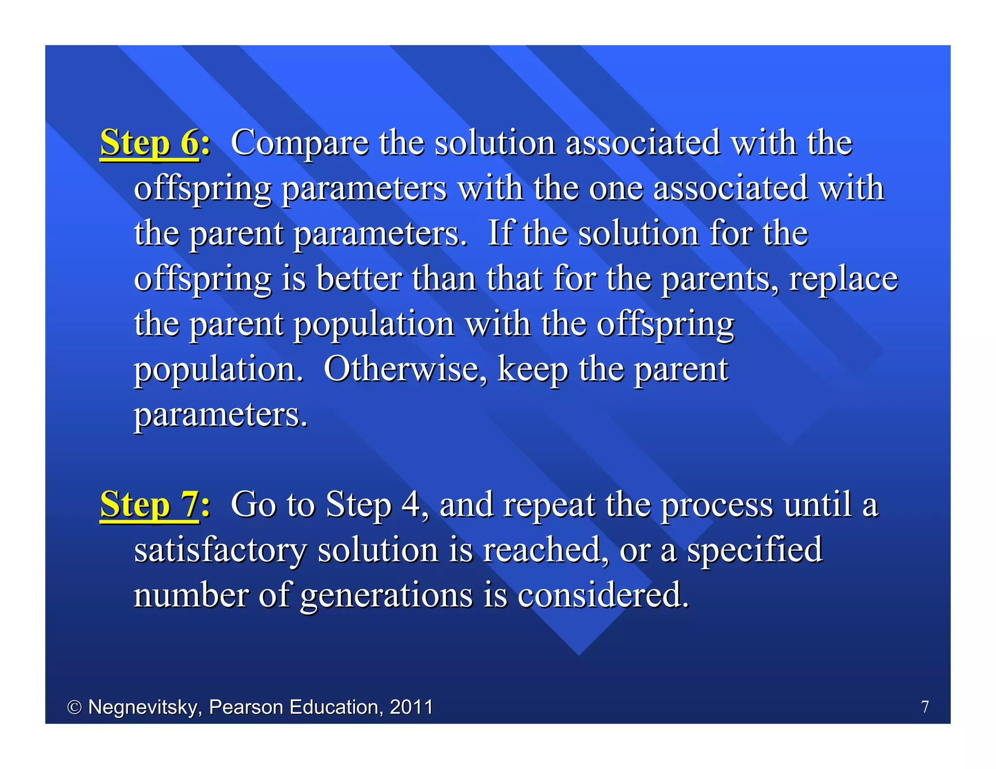  Negnevitsky, Pearson Education, 2011Negnevitsky, Pearson Education, 2011 7
Step 6Step 6:: CompareCompare the solution associated with thethe solution associated with the
offspring parameters with the one associated withoffspring parameters with the one associated with
the parent parameters. If the solution for thethe parent parameters. If the solution for the
offspring is better than that for the parents, replaceoffspring is better than that for the parents, replace
the parent population with the offspringthe parent population with the offspring
population. Otherwise, keep the parentpopulation. Otherwise, keep the parent
parameters.parameters.
Step 7Step 7:: GoGo to Step 4, and repeat the process until ato Step 4, and repeat the process until a
satisfactory solution is reached, or a specifiedsatisfactory solution is reached, or a specified
number of generations is considerednumber of generations is considered..
 