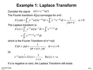 EE-2027 SaS, 6/13
Example 1: Laplace Transform
Consider the signal
The Fourier transform X(jω) converges for a>0:
The Laplace transform is:
which is the Fourier Transform of e-(σ+a)t
u(t)
Or
If a is negative or zero, the Laplace Transform still exists
)()( tuetx at−
=
0,
1
)()(
0
>
+
=== ∫∫
∞
−−
∞
∞−
−−
a
aj
dteedtetuejX tjattjat
ω
ω ωω
∫
∫∫
∞
−+−
∞
+−
∞
∞−
−−
=
==
0
)(
0
)(
)()(
dtee
dtedtetuesX
tjta
tasstat
ωσ
0,
)(
1
)( >+
++
=+ a
ja
jX σ
ωσ
ωσ
as
as
sXtue
L
at
−>
+
=↔−
}Re{,
1
)()(
 