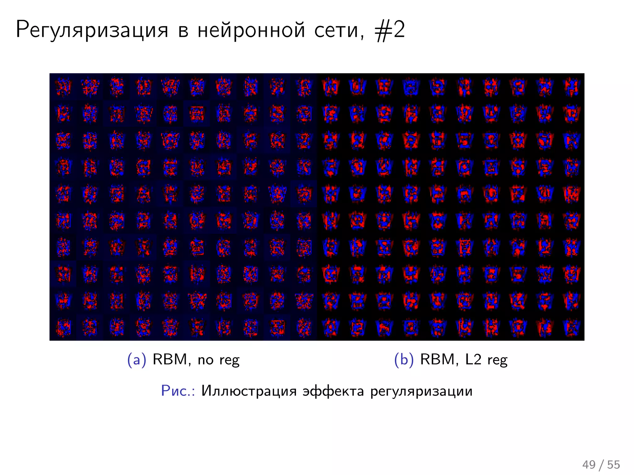 Регуляризация в нейронной сети, #2
(a) RBM, no reg (b) RBM, L2 reg
Рис.: Иллюстрация эффекта регуляризации
49 / 55
 