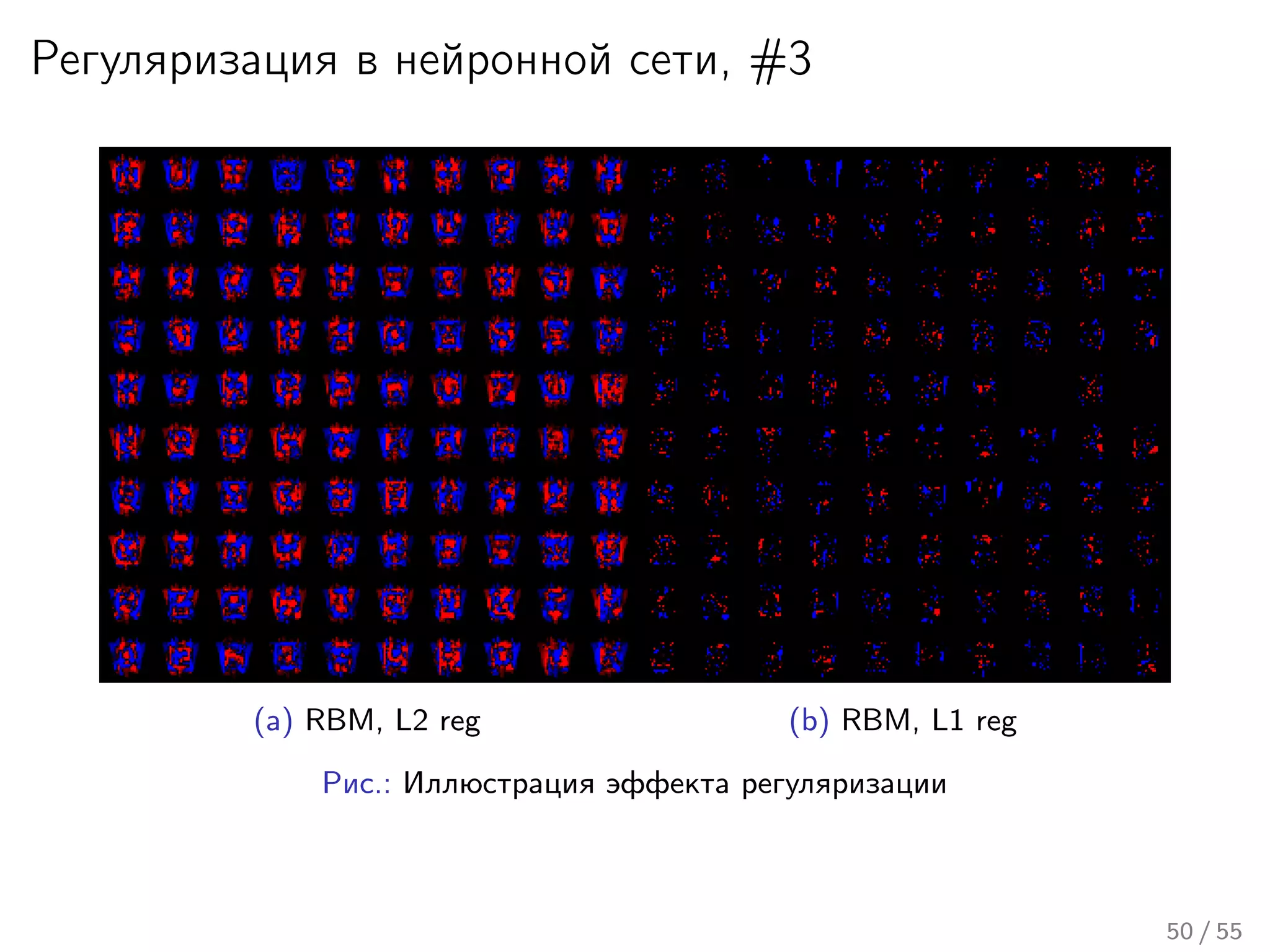 Регуляризация в нейронной сети, #3
(a) RBM, L2 reg (b) RBM, L1 reg
Рис.: Иллюстрация эффекта регуляризации
50 / 55
 