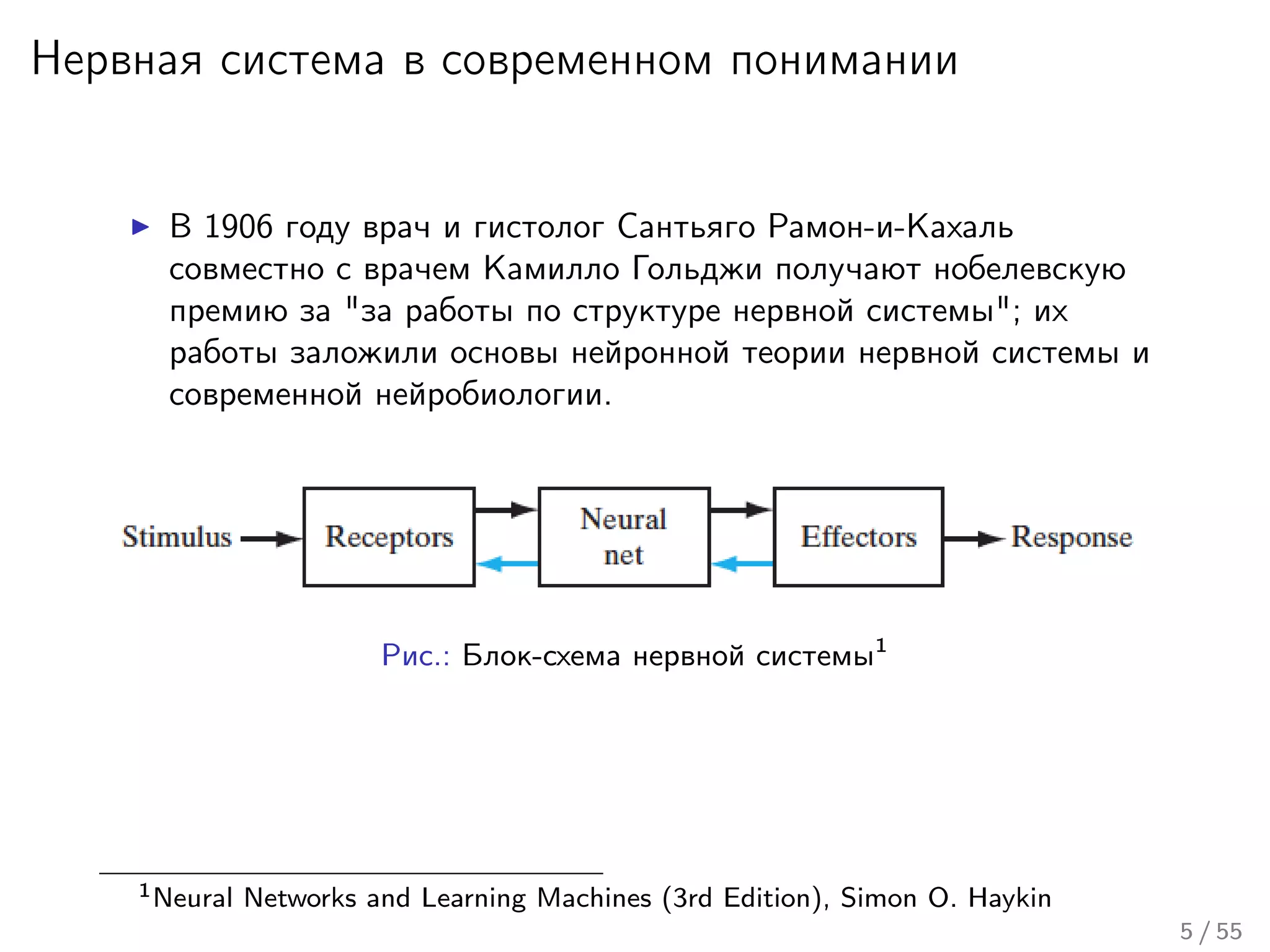 Нервная система в современном понимании
В 1906 году врач и гистолог Сантьяго Рамон-и-Кахаль
совместно с врачем Камилло Гольджи получают нобелевскую
премию за "за работы по структуре нервной системы"; их
работы заложили основы нейронной теории нервной системы и
современной нейробиологии.
Рис.: Блок-схема нервной системы1
1Neural Networks and Learning Machines (3rd Edition), Simon O. Haykin
5 / 55
 