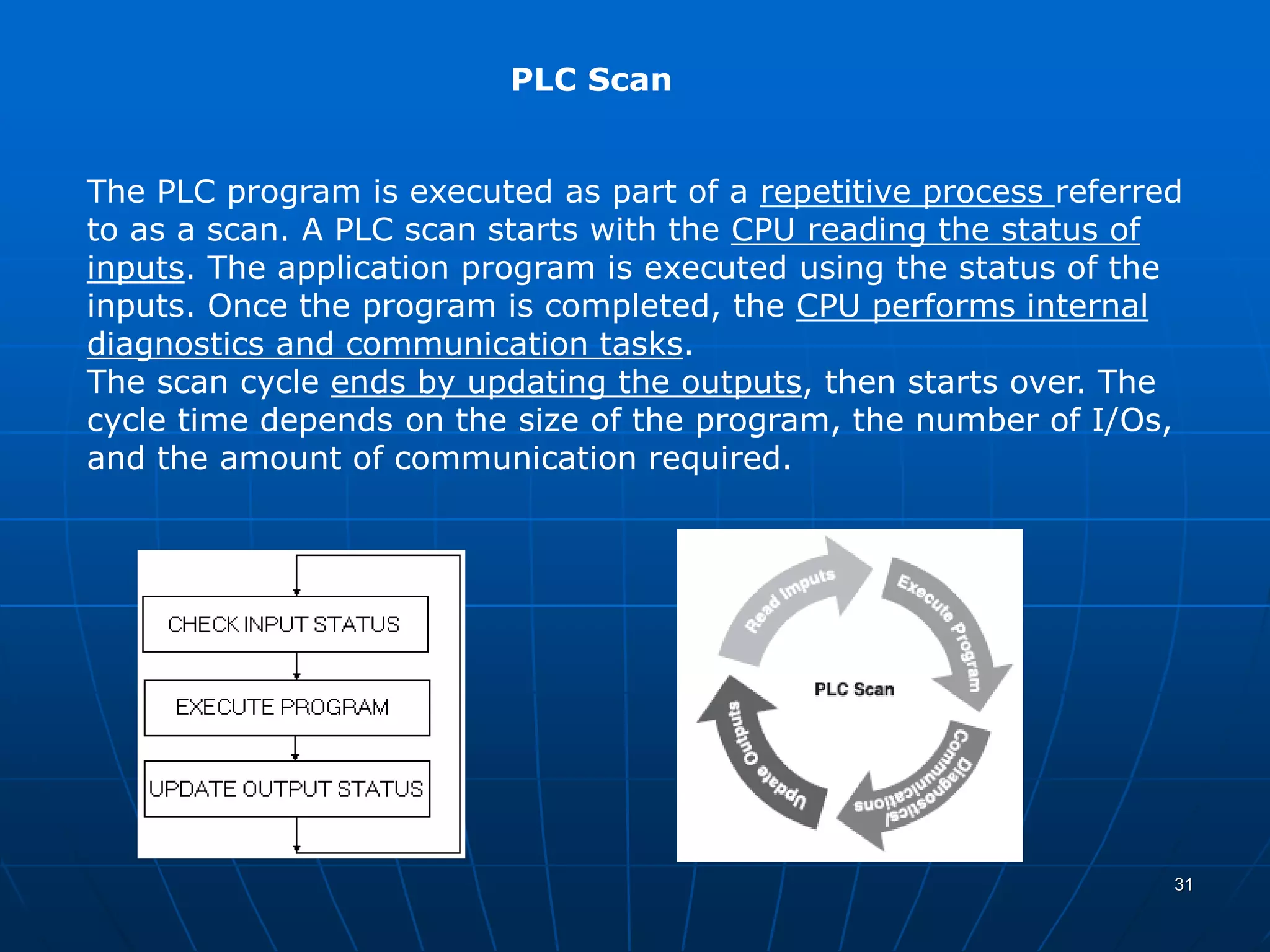 The PLC program is executed as part of a repetitive process referred
to as a scan. A PLC scan starts with the CPU reading the status of
inputs. The application program is executed using the status of the
inputs. Once the program is completed, the CPU performs internal
diagnostics and communication tasks.
The scan cycle ends by updating the outputs, then starts over. The
cycle time depends on the size of the program, the number of I/Os,
and the amount of communication required.
PLC Scan
31
 