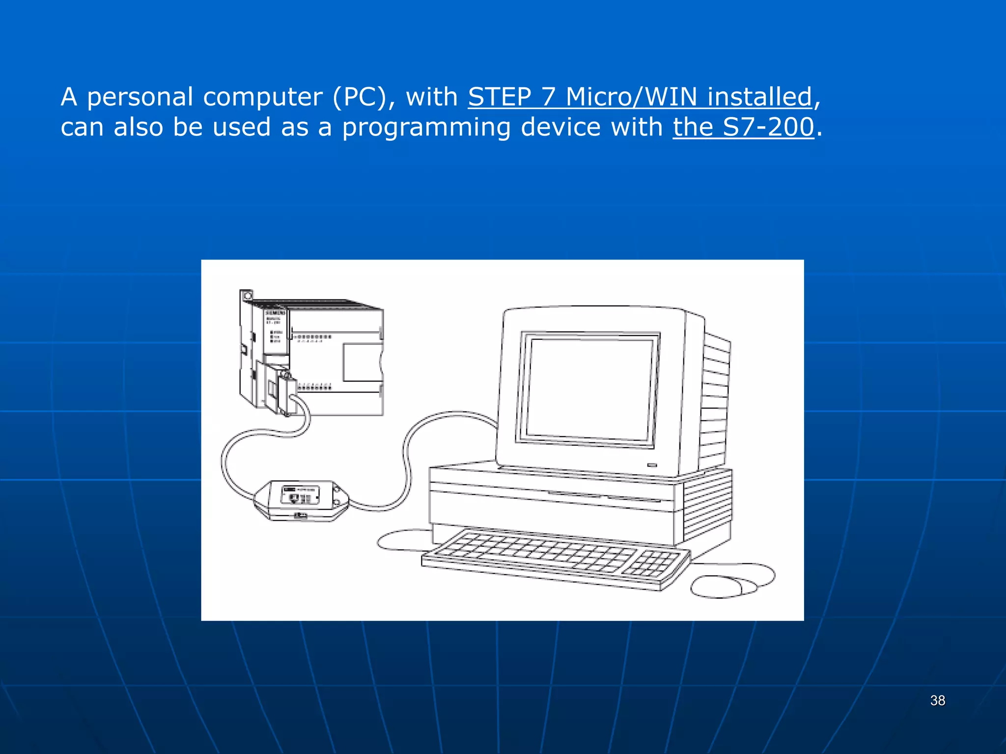 A personal computer (PC), with STEP 7 Micro/WIN installed,
can also be used as a programming device with the S7-200.
38
 