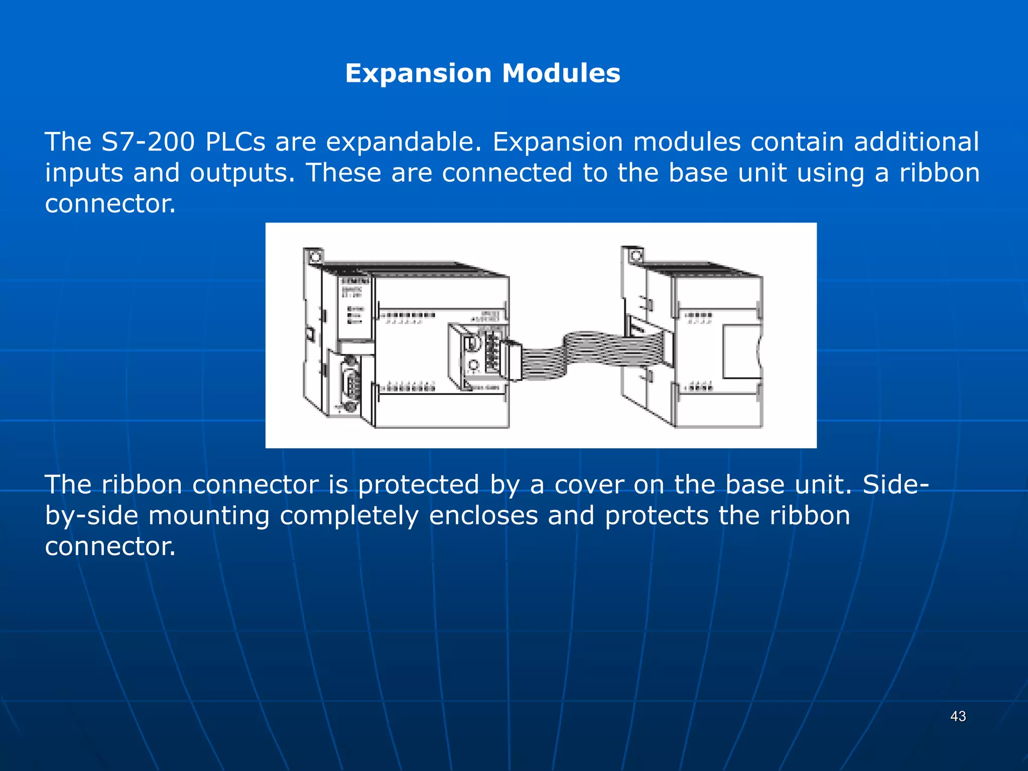 Expansion Modules
The S7-200 PLCs are expandable. Expansion modules contain additional
inputs and outputs. These are connected to the base unit using a ribbon
connector.
The ribbon connector is protected by a cover on the base unit. Side-
by-side mounting completely encloses and protects the ribbon
connector.
43
 