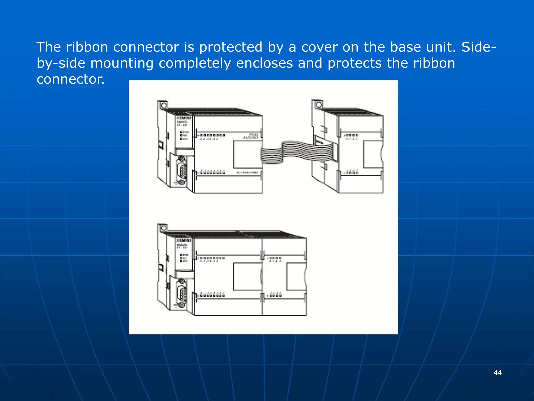 The ribbon connector is protected by a cover on the base unit. Side-
by-side mounting completely encloses and protects the ribbon
connector.
44
 