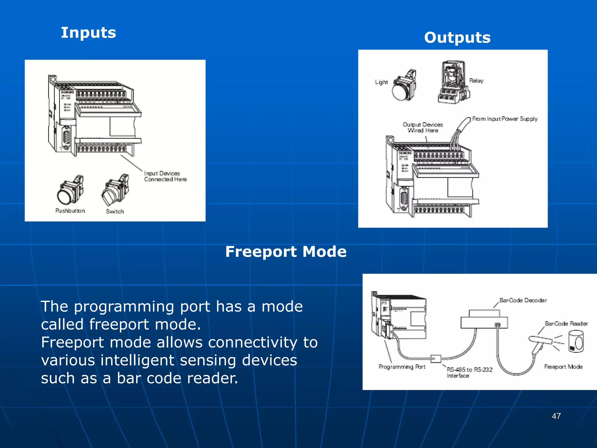 Inputs Outputs
Freeport Mode
The programming port has a mode
called freeport mode.
Freeport mode allows connectivity to
various intelligent sensing devices
such as a bar code reader.
47
 