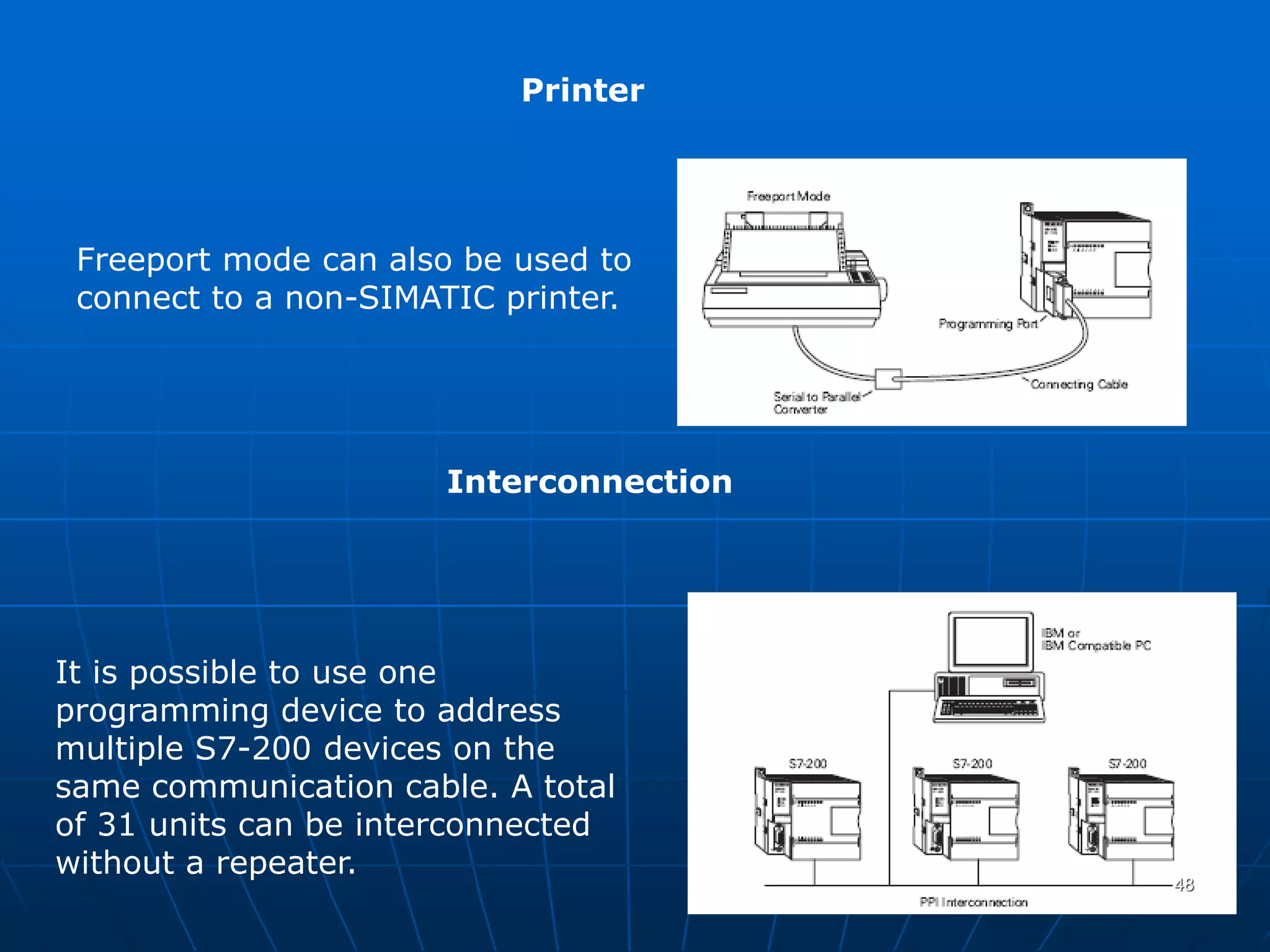 Printer
Freeport mode can also be used to
connect to a non-SIMATIC printer.
Interconnection
It is possible to use one
programming device to address
multiple S7-200 devices on the
same communication cable. A total
of 31 units can be interconnected
without a repeater.
48
 