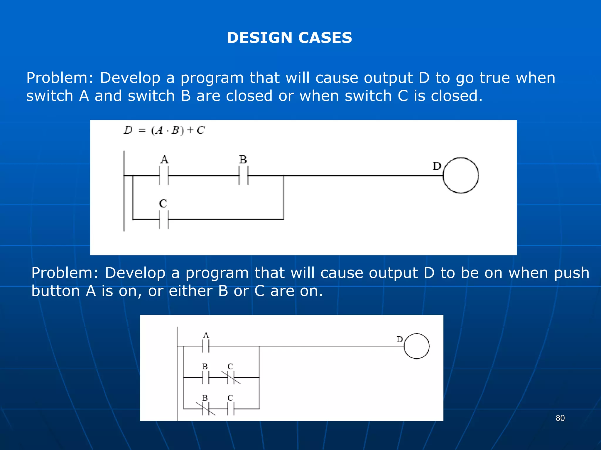 DESIGN CASES
Problem: Develop a program that will cause output D to go true when
switch A and switch B are closed or when switch C is closed.
Problem: Develop a program that will cause output D to be on when push
button A is on, or either B or C are on.
80
 