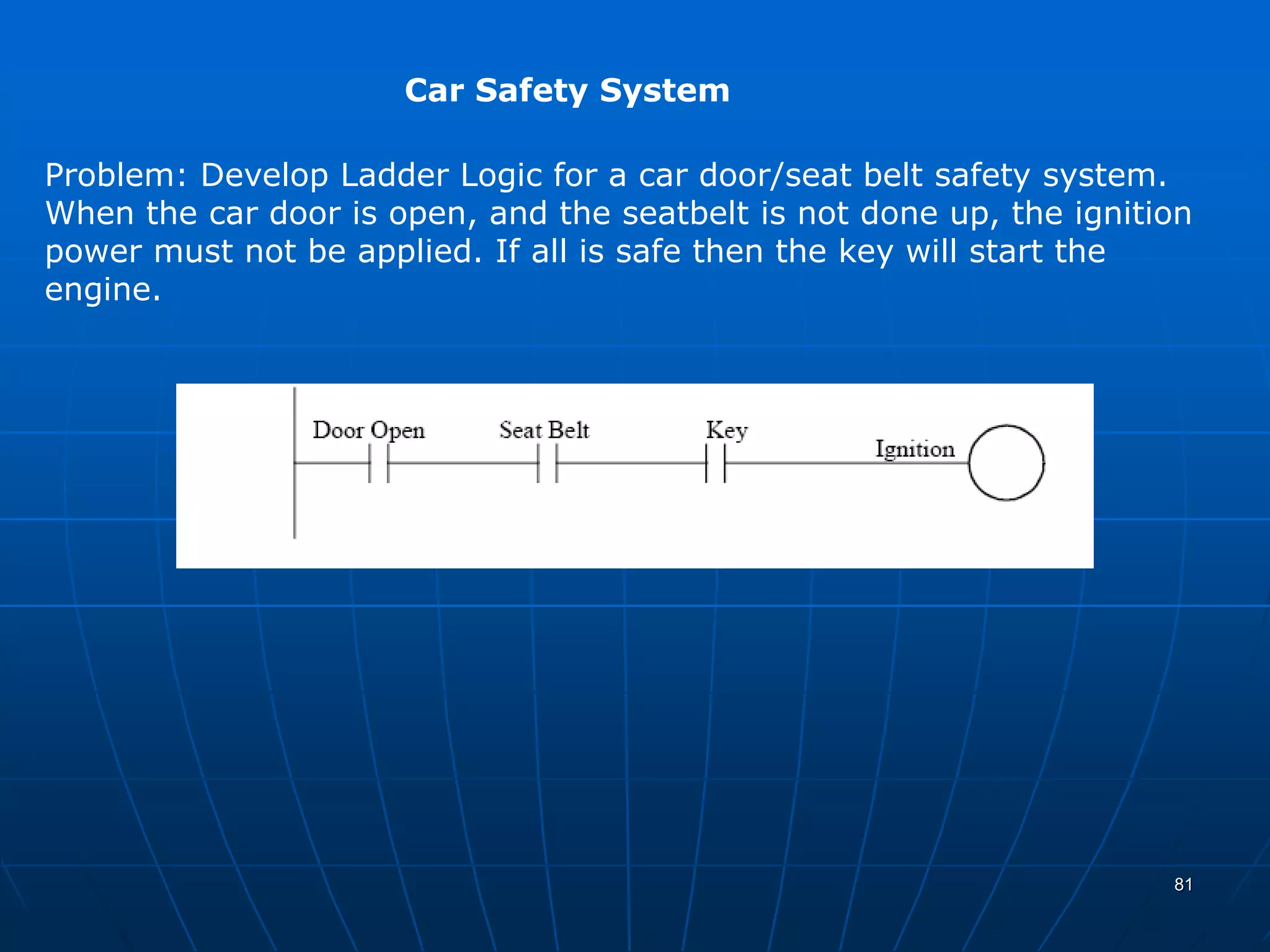 Car Safety System
Problem: Develop Ladder Logic for a car door/seat belt safety system.
When the car door is open, and the seatbelt is not done up, the ignition
power must not be applied. If all is safe then the key will start the
engine.
81
 