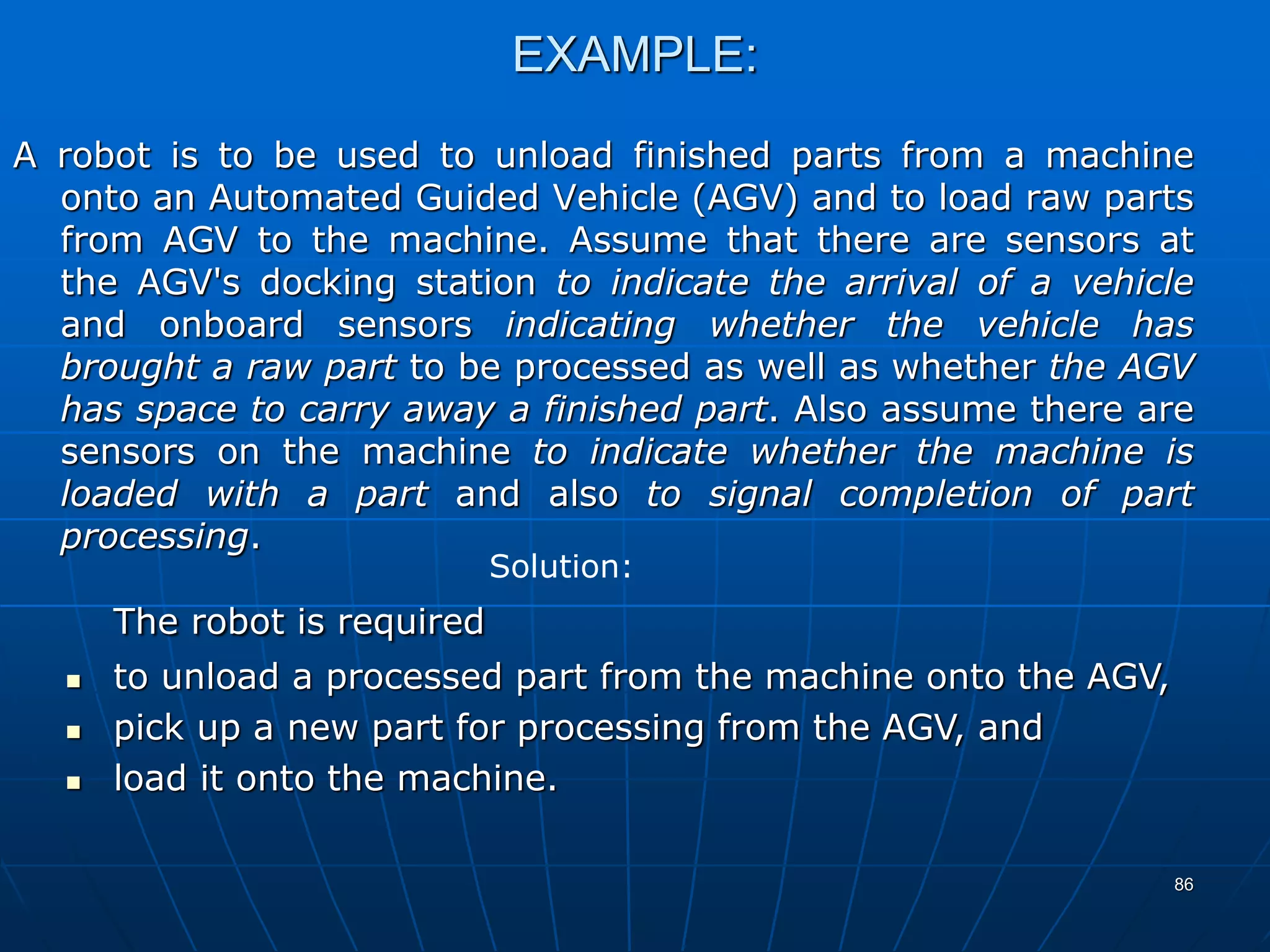 EXAMPLE:
A robot is to be used to unload finished parts from a machine
onto an Automated Guided Vehicle (AGV) and to load raw parts
from AGV to the machine. Assume that there are sensors at
the AGV's docking station to indicate the arrival of a vehicle
and onboard sensors indicating whether the vehicle has
brought a raw part to be processed as well as whether the AGV
has space to carry away a finished part. Also assume there are
sensors on the machine to indicate whether the machine is
loaded with a part and also to signal completion of part
processing.
Solution:
The robot is required
 to unload a processed part from the machine onto the AGV,
 pick up a new part for processing from the AGV, and
 load it onto the machine.
86
 