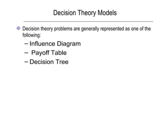 Decision Theory Models
Decision theory problems are generally represented as one of the
following:
– Influence Diagram
– Payoff Table
– Decision Tree
 