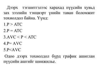 Дээрх тэгшитгэлээс харахад пүүсийн хувьд
зах зээлийн тэнцвэрт үнийн таван боломжит
тохиолдол байна. Үүнд:
1.Р > АТС
2.Р = АТС
3.АVC < Р < АТС
4.Р= АVС
5.Р<АVС
Одоо дээрх тохиолдол бүрд график ашиглан
пүүсийн ашгийг шинжилье.
 