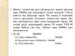  Жишээ: захиалгаар аяга үйлдвэрлэдэг жижиг үйлдвэр
сард 25000ш аяга үйлдвэрлэх хүчин чадалтай. Гэмтэл
нийтлэг бус байдлаар гардаг. Нэг аяганд 5 төгрөгийн
гэмтэл урьдчилан тогтоосон хэмжээгээр гардаг. Нэг
аяга үйлдвэрлэхэд гарах шууд материалын зардал 100
төгрөг, шууд хөдөлмөрийн зардал 50 төгрөг, ҮНЗ 40
төгрөг байсан гэж үзье. Тайлант сард 20000ш аяга
үйлдвэрлэсэн.
 Дт ДҮ 3800000
◦ Кт ТЭМат (20000х100¥ ) 2000000
◦ Кт Цалингийн тооцоо (20000х50¥ ) 1000000
◦ Кт ҮНЗ (20000х40¥ ) 800000
 