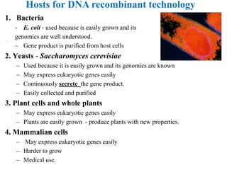 1. Bacteria
- E. coli - used because is easily grown and its
genomics are well understood.
– Gene product is purified from host cells
2. Yeasts - Saccharomyces cerevisiae
– Used because it is easily grown and its genomics are known
– May express eukaryotic genes easily
– Continuously secrete the gene product.
– Easily collected and purified
3. Plant cells and whole plants
– May express eukaryotic genes easily
– Plants are easily grown - produce plants with new properties.
4. Mammalian cells
– May express eukaryotic genes easily
– Harder to grow
– Medical use.
Hosts for DNA recombinant technology
 