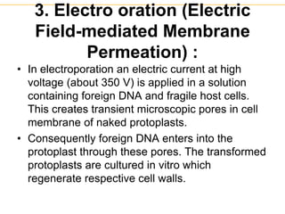 3. Electro oration (Electric
Field-mediated Membrane
Permeation) :
• In electroporation an electric current at high
voltage (about 350 V) is applied in a solution
containing foreign DNA and fragile host cells.
This creates transient microscopic pores in cell
membrane of naked protoplasts.
• Consequently foreign DNA enters into the
protoplast through these pores. The transformed
protoplasts are cultured in vitro which
regenerate respective cell walls.
 