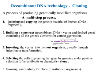 Recombinant DNA technology - Cloning
A process of producing genetically modified organisms
A multi-step process.
1. Isolating and copying the genetic material of interest (DNA
fragment ).
2. Building a construct (recombinant DNA - vector and desired gene)
containing all the genetic elements for correct expression.
3. Inserting the vector into the host organism, directly through
injection or transformation.
4. Selecting the cells expressing that gene by growing under positive
selection (of an antibiotic or chemical) – clone .
5. Growing successfully the clone (transformed organisms).
 