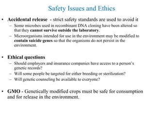 • Accidental release - strict safety standards are used to avoid it
– Some microbes used in recombinant DNA cloning have been altered so
that they cannot survive outside the laboratory.
– Microorganisms intended for use in the environment may be modified to
contain suicide genes so that the organisms do not persist in the
environment.
• Ethical questions
– Should employers and insurance companies have access to a person’s
genetic records?
– Will some people be targeted for either breeding or sterilization?
– Will genetic counseling be available to everyone?
• GMO - Genetically modified crops must be safe for consumption
and for release in the environment.
Safety Issues and Ethics
 