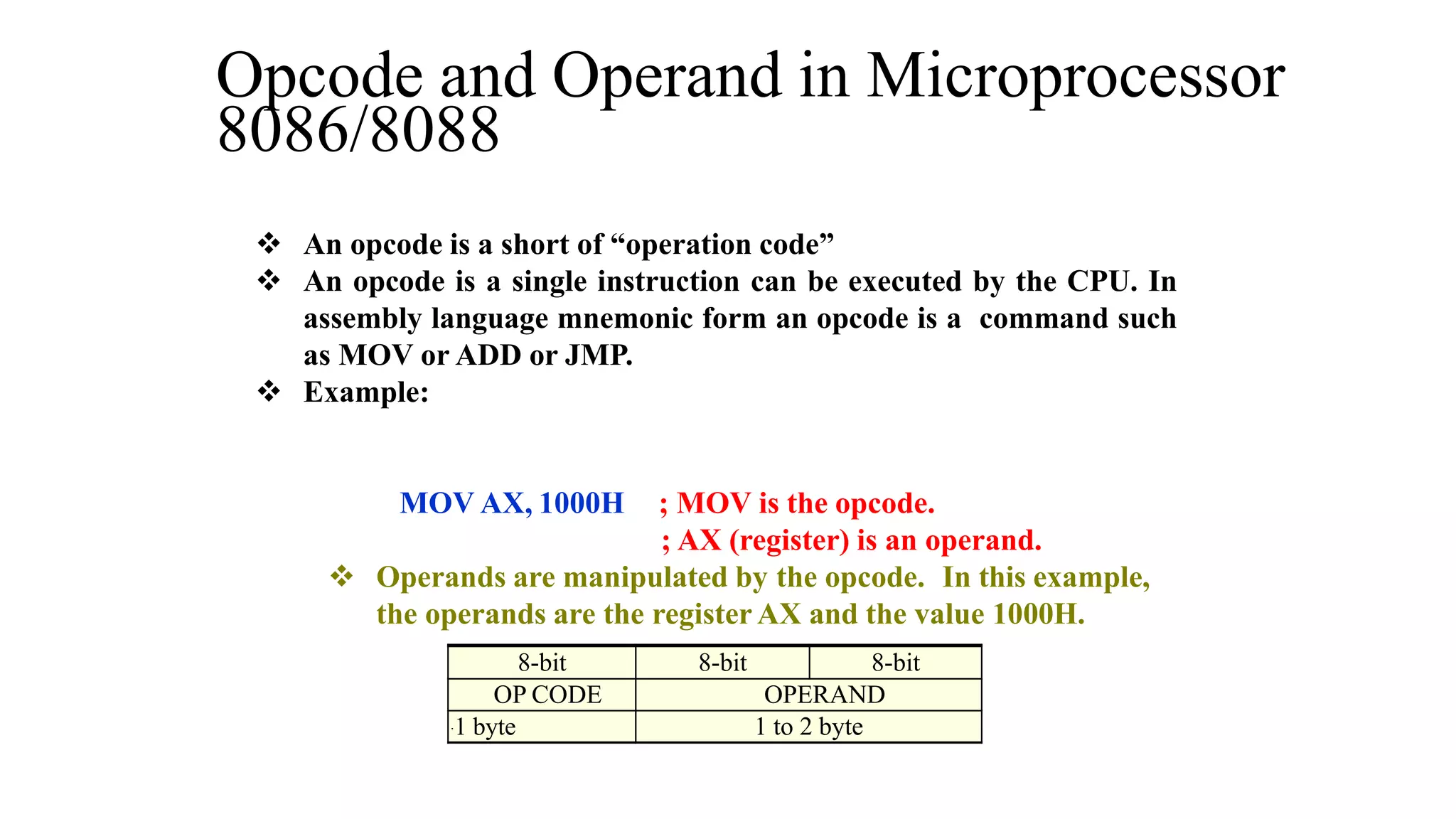 8-bit 8-bit 8-bit
OP CODE OPERAND
.1 byte 1 to 2 byte
 An opcode is a short of “operation code”
 An opcode is a single instruction can be executed by the CPU. In
assembly language mnemonic form an opcode is a command such
as MOV or ADD or JMP.
 Example:
MOV AX, 1000H ; MOV is the opcode.
; AX (register) is an operand.
 Operands are manipulated by the opcode. In this example,
the operands are the register AX and the value 1000H.
Opcode and Operand in Microprocessor
8086/8088
 