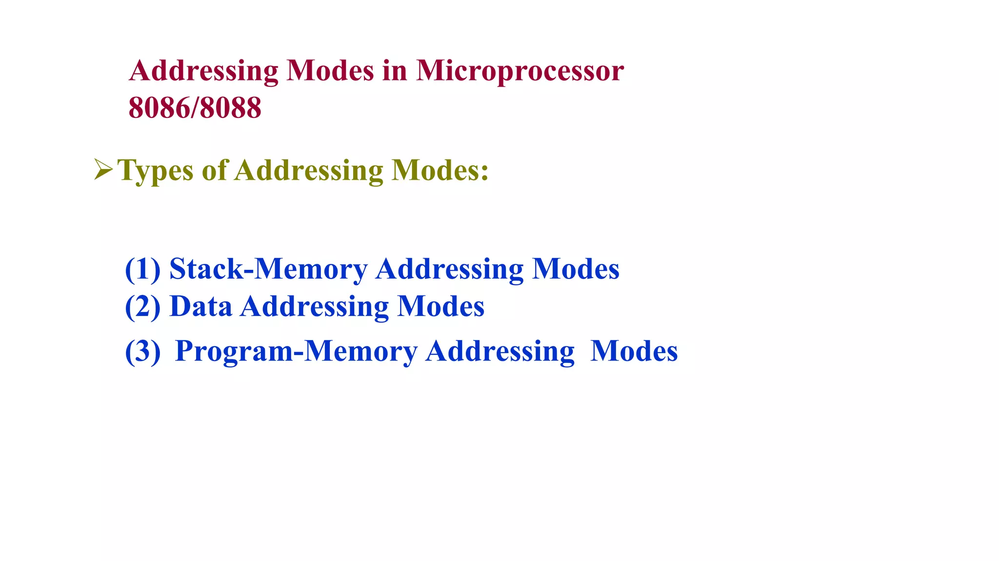 Addressing Modes in Microprocessor
8086/8088
Types of Addressing Modes:
(1) Stack-Memory Addressing Modes
(2) Data Addressing Modes
(3) Program-Memory Addressing Modes
 