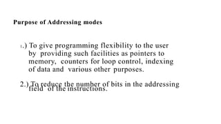 Purpose of Addressing modes
1.) To give programming flexibility to the user
by providing such facilities as pointers to
memory, counters for loop control, indexing
of data and various other purposes.
2.) To reduce the number of bits in the addressing
field of the instructions.
 