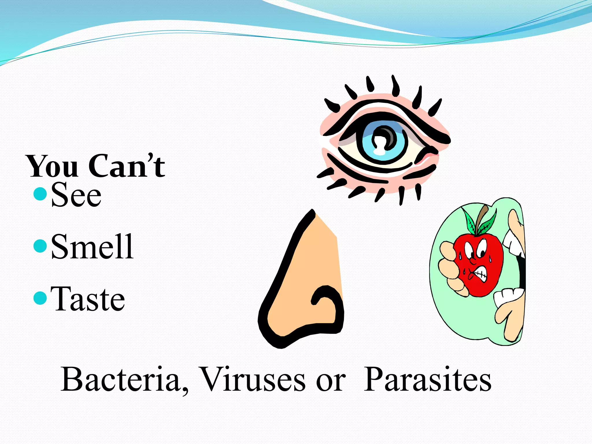 You Can’t
See
Smell
Taste
Bacteria, Viruses or Parasites
 