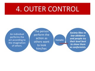 4. OUTER CONTROL
An individual
performs the
act according to
the imagination
of others.
The person
perform the
action as
others want
to look
him/her.
Examples:
Society likes to
law abidance
and people try
their level best
to show them
as conformists.
 