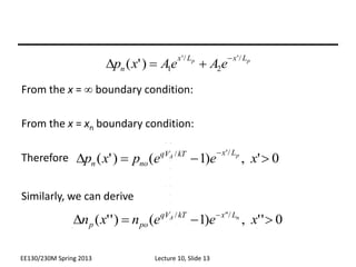 From the x =  boundary condition:
From the x = xn boundary condition:
Therefore
Similarly, we can derive
0
'
,
)
1
(
)
'
(
/
'
/



D

x
e
e
p
x
p p
A
L
x
kT
qV
no
n
p
p L
x
L
x
n e
A
e
A
x
p
/
'
2
/
'
1
)
'
(



D
0
'
'
,
)
1
(
)
'
'
( /
'
'
/



D 
x
e
e
n
x
n n
A L
x
kT
qV
po
p
EE130/230M Spring 2013 Lecture 10, Slide 13
 