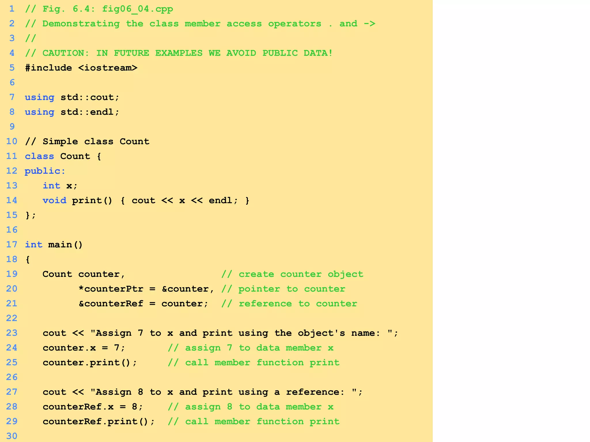 1 // Fig. 6.4: fig06_04.cpp
2 // Demonstrating the class member access operators . and ->
3 //
4 // CAUTION: IN FUTURE EXAMPLES WE AVOID PUBLIC DATA!
5 #include <iostream>
6
7 using std::cout;
8 using std::endl;
9
10 // Simple class Count
11 class Count {
12 public:
13 int x;
14 void print() { cout << x << endl; }
15 };
16
17 int main()
18 {
19 Count counter, // create counter object
20 *counterPtr = &counter, // pointer to counter
21 &counterRef = counter; // reference to counter
22
23 cout << "Assign 7 to x and print using the object's name: ";
24 counter.x = 7; // assign 7 to data member x
25 counter.print(); // call member function print
26
27 cout << "Assign 8 to x and print using a reference: ";
28 counterRef.x = 8; // assign 8 to data member x
29 counterRef.print(); // call member function print
30
 