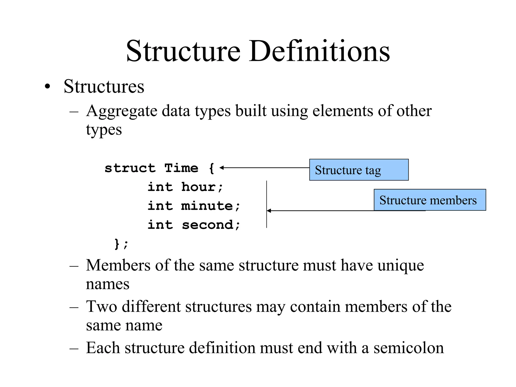 Structure Definitions
• Structures
– Aggregate data types built using elements of other
types
struct Time {
int hour;
int minute;
int second;
};
– Members of the same structure must have unique
names
– Two different structures may contain members of the
same name
– Each structure definition must end with a semicolon
Structure tag
Structure members
 