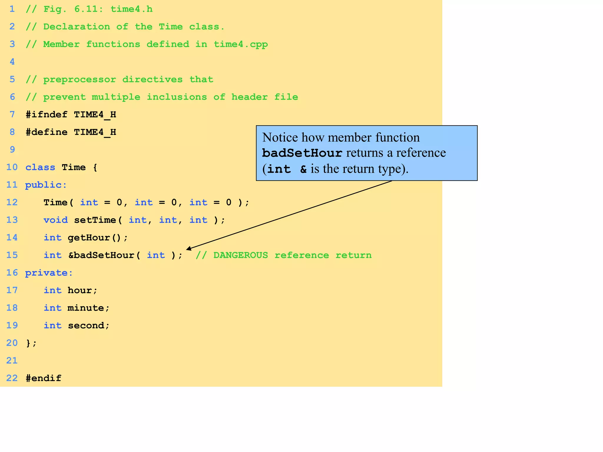 1 // Fig. 6.11: time4.h
2 // Declaration of the Time class.
3 // Member functions defined in time4.cpp
4
5 // preprocessor directives that
6 // prevent multiple inclusions of header file
7 #ifndef TIME4_H
8 #define TIME4_H
9
10 class Time {
11 public:
12 Time( int = 0, int = 0, int = 0 );
13 void setTime( int, int, int );
14 int getHour();
15 int &badSetHour( int ); // DANGEROUS reference return
16 private:
17 int hour;
18 int minute;
19 int second;
20 };
21
22 #endif
Notice how member function
badSetHour returns a reference
(int & is the return type).
 