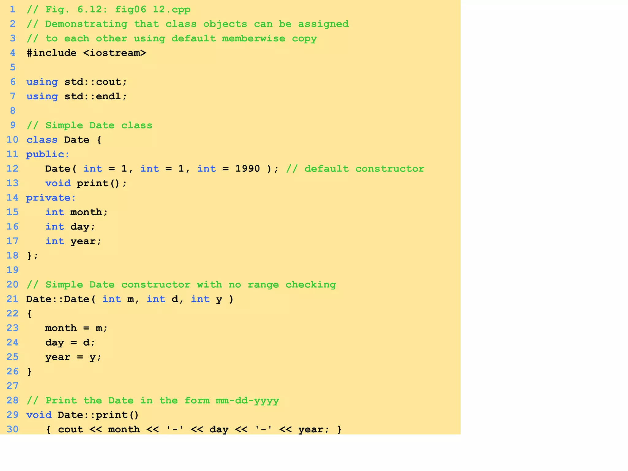 1 // Fig. 6.12: fig06_12.cpp
2 // Demonstrating that class objects can be assigned
3 // to each other using default memberwise copy
4 #include <iostream>
5
6 using std::cout;
7 using std::endl;
8
9 // Simple Date class
10 class Date {
11 public:
12 Date( int = 1, int = 1, int = 1990 ); // default constructor
13 void print();
14 private:
15 int month;
16 int day;
17 int year;
18 };
19
20 // Simple Date constructor with no range checking
21 Date::Date( int m, int d, int y )
22 {
23 month = m;
24 day = d;
25 year = y;
26 }
27
28 // Print the Date in the form mm-dd-yyyy
29 void Date::print()
30 { cout << month << '-' << day << '-' << year; }
 