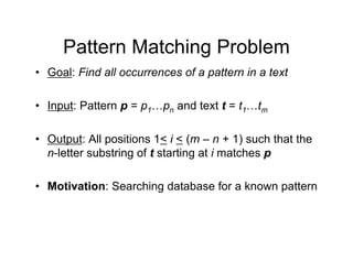 Pattern Matching Problem
• Goal: Find all occurrences of a pattern in a text
• Input: Pattern p = p1…pn and text t = t1…tm...