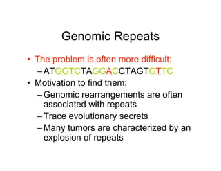 Genomic Repeats
• The problem is often more difficult:
– ATGGTCTAGGACCTAGTGTTC
• Motivation to find them:
– Genomic rearra...