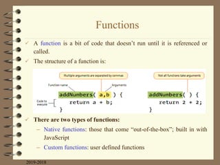 Functions
 A function is a bit of code that doesn‟t run until it is referenced or
called.
 The structure of a function is:
 There are two types of functions:
– Native functions: those that come “out-of-the-box”; built in with
JavaScript
– Custom functions: user defined functions
2019-2018
 
