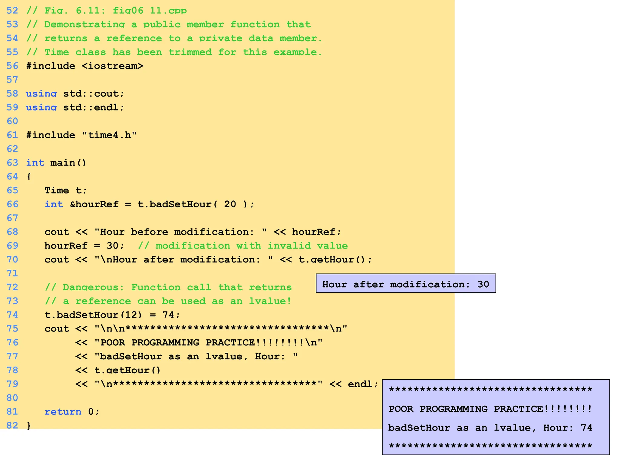 52 // Fig. 6.11: fig06_11.cpp
53 // Demonstrating a public member function that
54 // returns a reference to a private data member.
55 // Time class has been trimmed for this example.
56 #include <iostream>
57
58 using std::cout;
59 using std::endl;
60
61 #include "time4.h"
62
63 int main()
64 {
65 Time t;
66 int &hourRef = t.badSetHour( 20 );
67
68 cout << "Hour before modification: " << hourRef;
69 hourRef = 30; // modification with invalid value
70 cout << "nHour after modification: " << t.getHour();
71
72 // Dangerous: Function call that returns
73 // a reference can be used as an lvalue!
74 t.badSetHour(12) = 74;
75 cout << "nn*********************************n"
76 << "POOR PROGRAMMING PRACTICE!!!!!!!!n"
77 << "badSetHour as an lvalue, Hour: "
78 << t.getHour()
79 << "n*********************************" << endl;
80
81 return 0;
82 }
Hour after modification: 30
*********************************
POOR PROGRAMMING PRACTICE!!!!!!!!
badSetHour as an lvalue, Hour: 74
*********************************
 