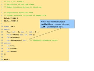 1 // Fig. 6.11: time4.h
2 // Declaration of the Time class.
3 // Member functions defined in time4.cpp
4
5 // preprocessor directives that
6 // prevent multiple inclusions of header file
7 #ifndef TIME4_H
8 #define TIME4_H
9
10 class Time {
11 public:
12 Time( int = 0, int = 0, int = 0 );
13 void setTime( int, int, int );
14 int getHour();
15 int &badSetHour( int ); // DANGEROUS reference return
16 private:
17 int hour;
18 int minute;
19 int second;
20 };
21
22 #endif
Notice how member function
badSetHour returns a reference
(int & is the return type).
 