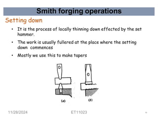 Smith forging operations
Setting down
• It is the process of locally thinning down effected by the set
hammer.
• The work is usually fullered at the place where the setting
down commences
• Mostly we use this to make tapers
11/28/2024 ET11023 46
 