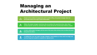 Managing an
Architectural Project
Except on the smallest of assignments and in smaller offices, the project manager does not
personally produce the major project deliverables.
Rather, the project manager must know who can produce the required services, when those
services must be carried out, and how those services fit into the overall project delivery scheme.
In short, while project managers will do some of the work, their primary role is to direct the work
being done by others.
In fulfilling this role, the project manager delegates responsibilities to those with the design and
technical expertise needed to complete the required work.
 