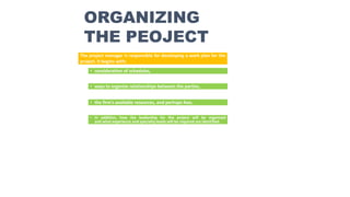 ORGANIZING
THE PEOJECT
The project manager is responsible for developing a work plan for the
project. It begins with;
• consideration of schedules,
• ways to organize relationships between the parties,
• the firm’s available resources, and perhaps fees.
• In addition, how the leadership for the project will be organized
and what experience and specialty levels will be required are identified.
 