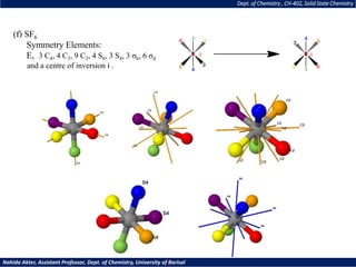 (f) SF6
Symmetry Elements:
E, 3 C4, 4 C3, 9 C2, 4 S6, 3 S4, 3 σh, 6 σd
and a centre of inversion i .
Dept. of Chemistry , CH-402, Solid State Chemistry
Nahida Akter, Assistant Professor, Dept. of Chemistry, University of Barisal
 
