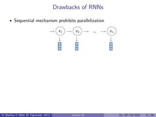 Drawbacks of RNNs
• Sequential mechanism prohibits parallelization
A. Martins, F. Melo, M. Figueiredo (IST) Lecture 10 DL, IST Fall 2022 8 / 56
 