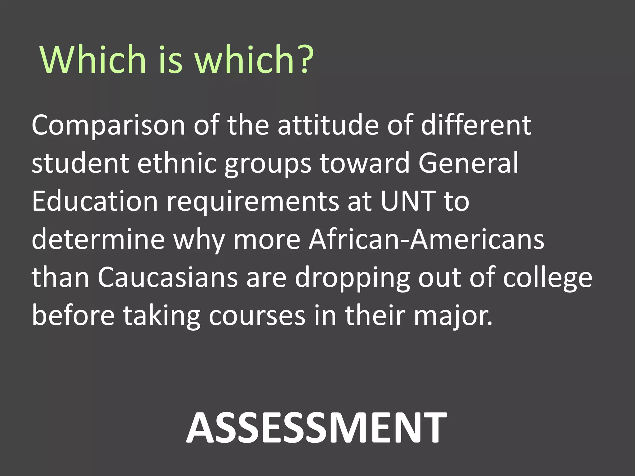 Which is which?
Comparison of the attitude of different
student ethnic groups toward General
Education requirements at UNT to
determine why more African-Americans
than Caucasians are dropping out of college
before taking courses in their major.


           ASSESSMENT
 