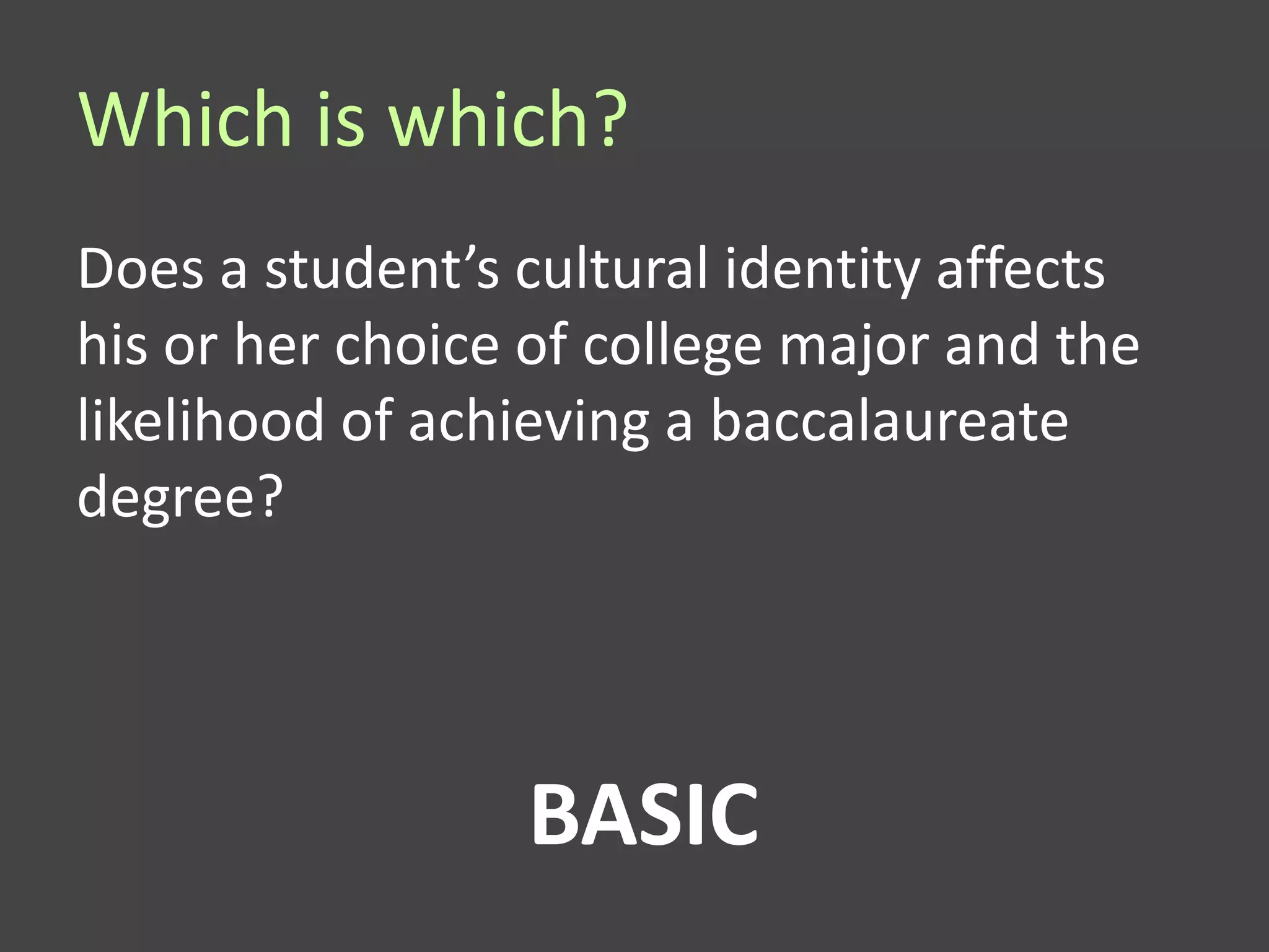 Which is which?
Does a student’s cultural identity affects
his or her choice of college major and the
likelihood of achieving a baccalaureate
degree?




                 BASIC
 