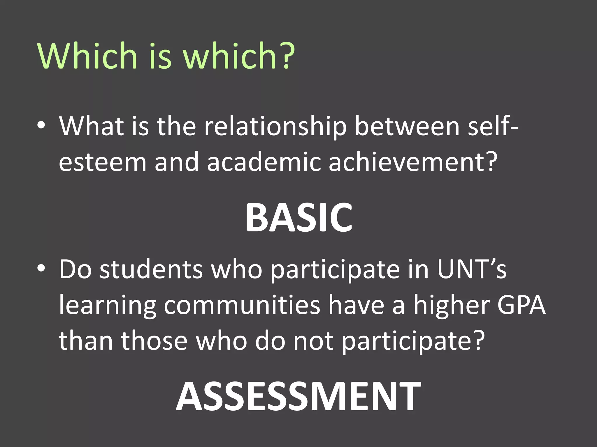 Which is which?
• What is the relationship between self-
  esteem and academic achievement?

                 BASIC
• Do students who participate in UNT’s
  learning communities have a higher GPA
  than those who do not participate?

           ASSESSMENT
 