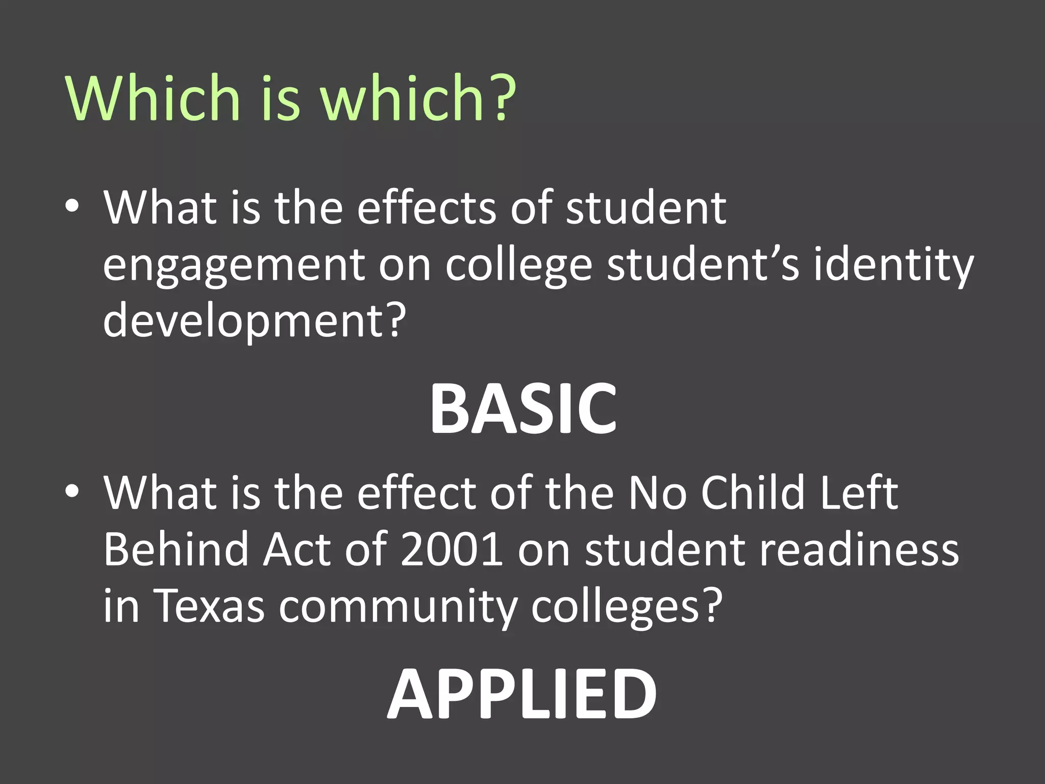 Which is which?
• What is the effects of student
  engagement on college student’s identity
  development?
                BASIC
• What is the effect of the No Child Left
  Behind Act of 2001 on student readiness
  in Texas community colleges?
              APPLIED
 